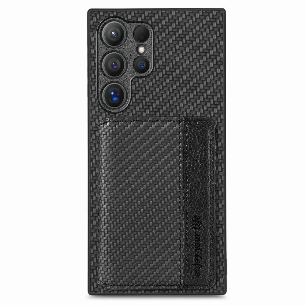 For Samsung Galaxy S26 Ultra Case RFID Blocking Carbon Fiber Leather Phone Back Cover with Card Holder - Black - 1