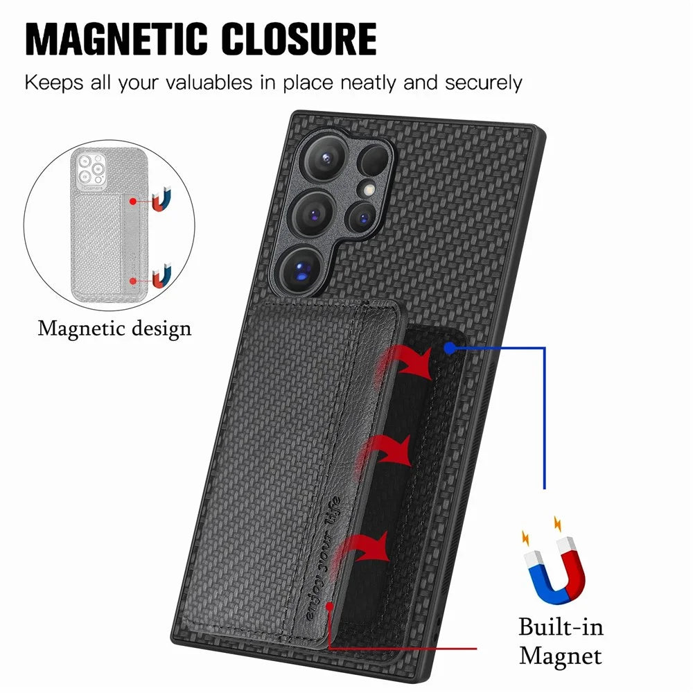 For Samsung Galaxy S26 Ultra Case RFID Blocking Carbon Fiber Leather Phone Back Cover with Card Holder - Black - 3