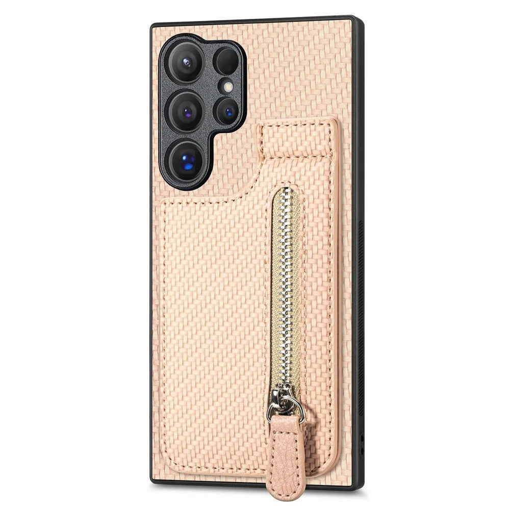 For Samsung Galaxy S26 Ultra Case Carbon Fiber Leather Coated TPU + PC Phone Cover - Apricot - 1