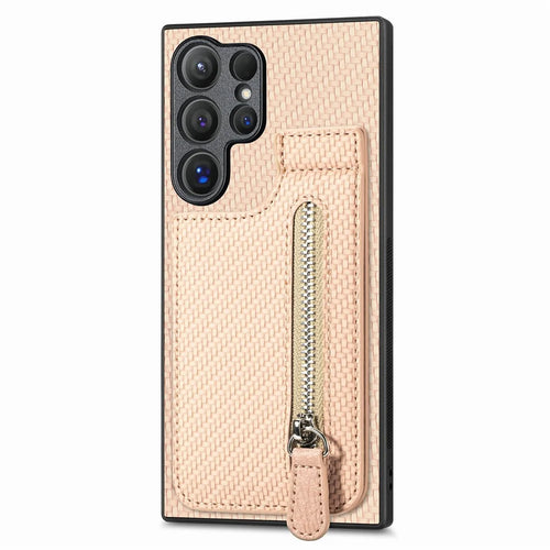 For Samsung Galaxy S26 Ultra Case Carbon Fiber Leather Coated TPU + PC Phone Cover - Apricot - 1