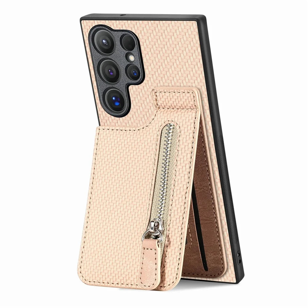 For Samsung Galaxy S26 Ultra Case Carbon Fiber Leather Coated TPU + PC Phone Cover - Apricot - 2
