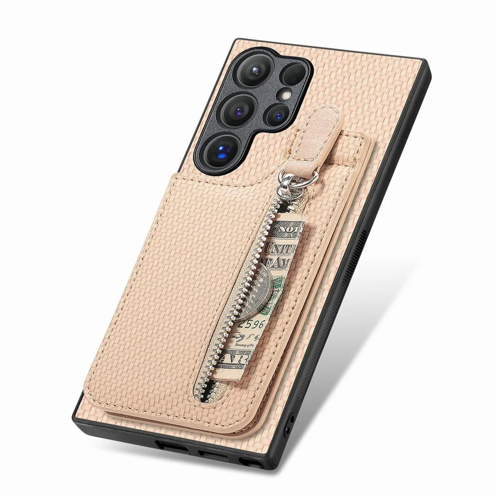 For Samsung Galaxy S26 Ultra Case Carbon Fiber Leather Coated TPU + PC Phone Cover - Apricot - 4
