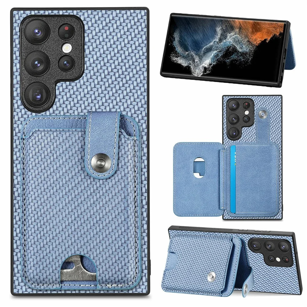 For Samsung Galaxy S26 Ultra Case Card Holder Leather Back Cover Carbon Fiber Texture - Blue - 1