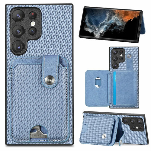 For Samsung Galaxy S26 Ultra Case Card Holder Leather Back Cover Carbon Fiber Texture - Blue - 1