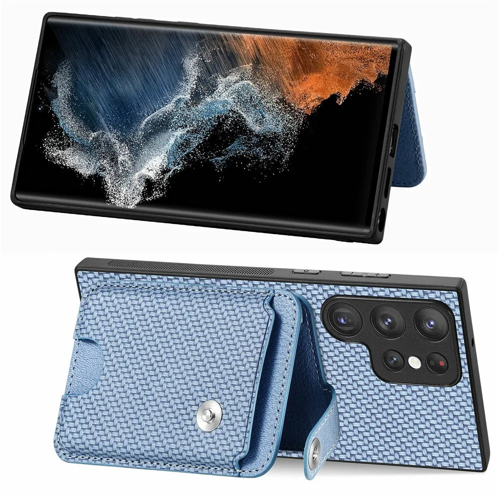 For Samsung Galaxy S26 Ultra Case Card Holder Leather Back Cover Carbon Fiber Texture - Blue - 3