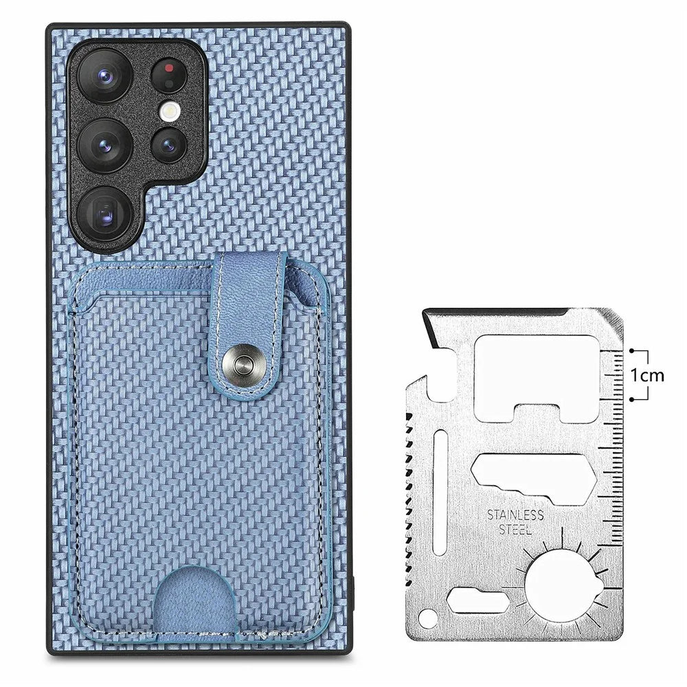 For Samsung Galaxy S26 Ultra Case Card Holder Leather Back Cover Carbon Fiber Texture - Blue - 4
