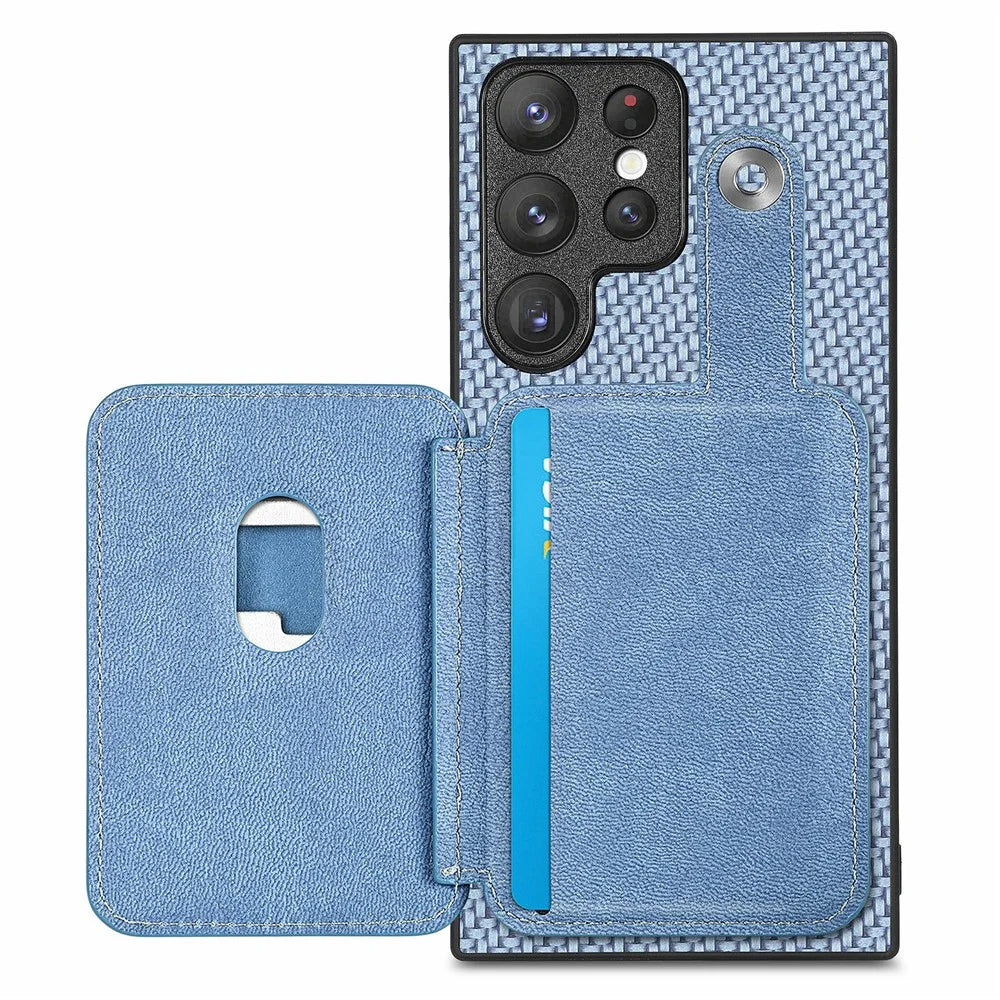 For Samsung Galaxy S26 Ultra Case Card Holder Leather Back Cover Carbon Fiber Texture - Blue - 5