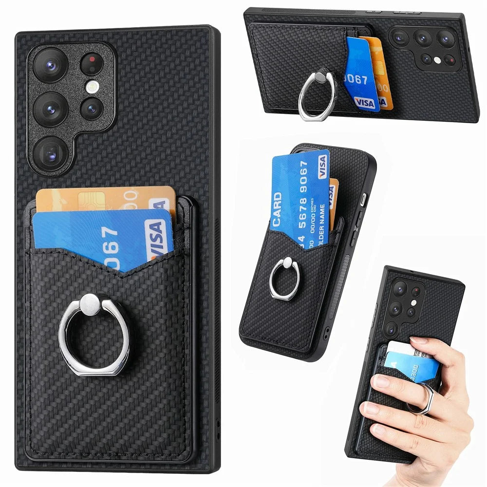 For Samsung Galaxy S26 Ultra Case PU Leather Coated PC+TPU Phone Cover with Ring Holder Card Slots - Black - 1