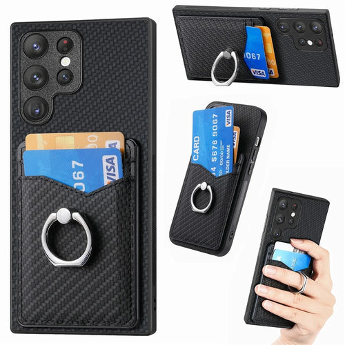 For Samsung Galaxy S26 Ultra Case PU Leather Coated PC+TPU Phone Cover with Ring Holder Card Slots - Black - 1