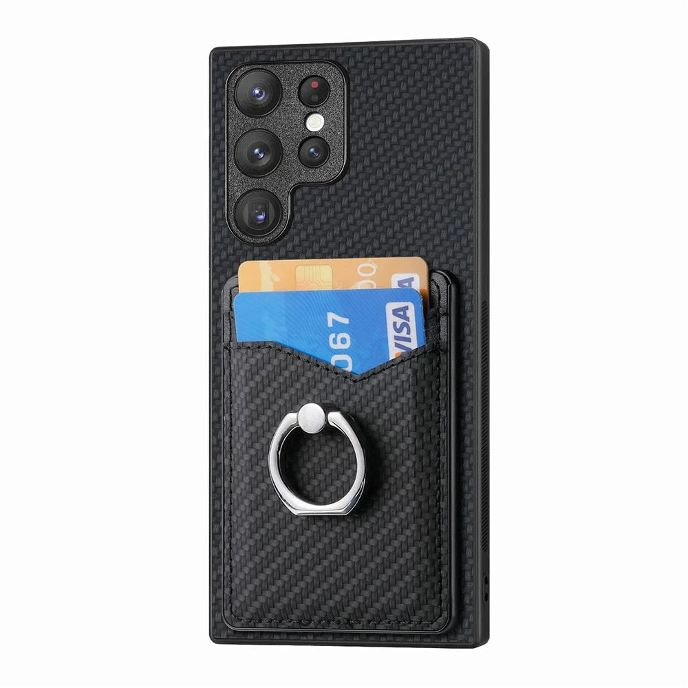 For Samsung Galaxy S26 Ultra Case PU Leather Coated PC+TPU Phone Cover with Ring Holder Card Slots - Black - 2