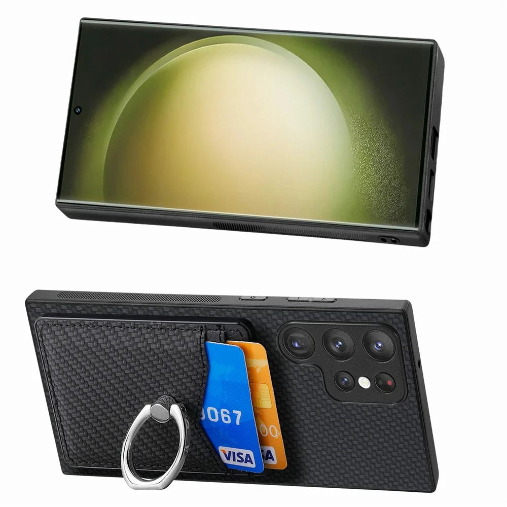 For Samsung Galaxy S26 Ultra Case PU Leather Coated PC+TPU Phone Cover with Ring Holder Card Slots - Black - 3