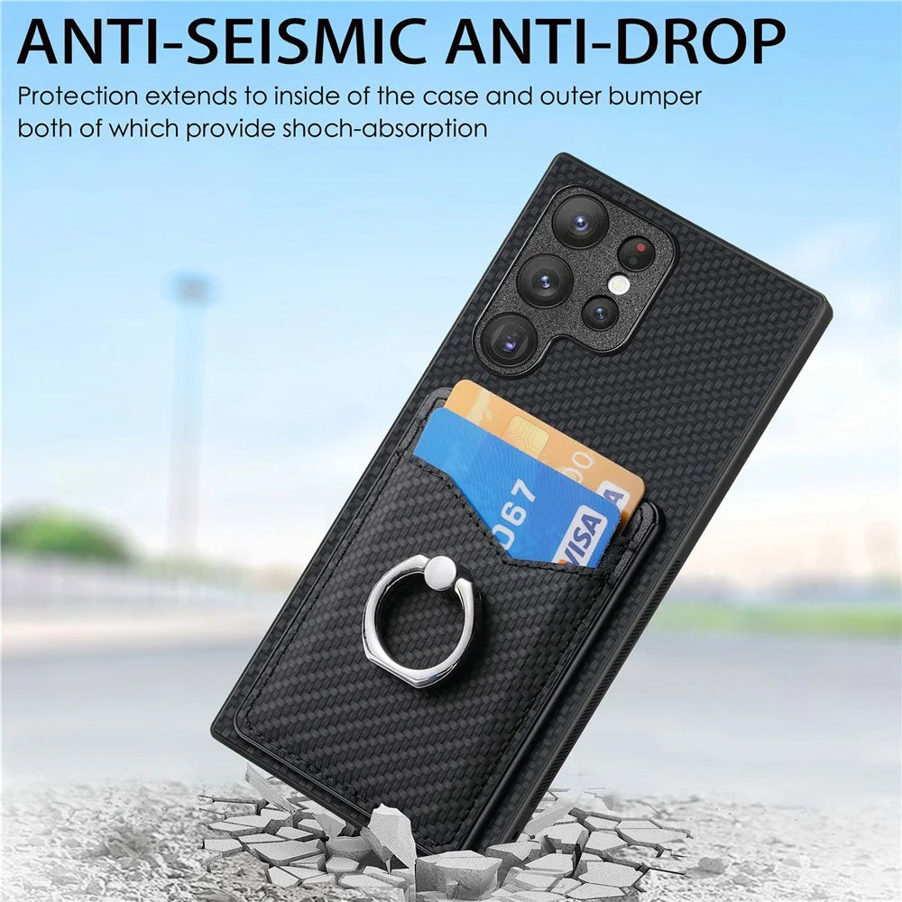 For Samsung Galaxy S26 Ultra Case PU Leather Coated PC+TPU Phone Cover with Ring Holder Card Slots - Black - 5