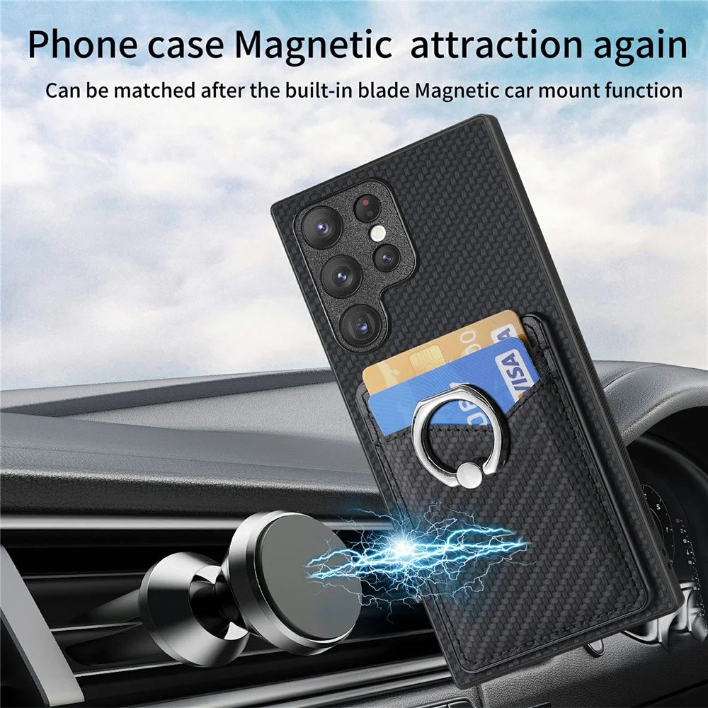 For Samsung Galaxy S26 Ultra Case PU Leather Coated PC+TPU Phone Cover with Ring Holder Card Slots - Black - 6