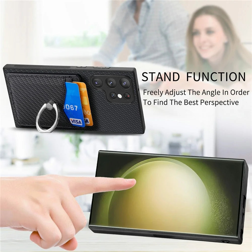 For Samsung Galaxy S26 Ultra Case PU Leather Coated PC+TPU Phone Cover with Ring Holder Card Slots - Black - 7