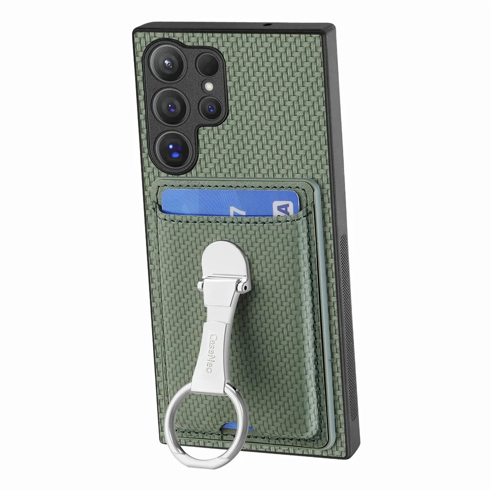 CASENEO For Samsung Galaxy S26 Ultra Phone Case Leather Back Cover with Kickstand and Card Slots Carbon Fiber Texture - Green - 3