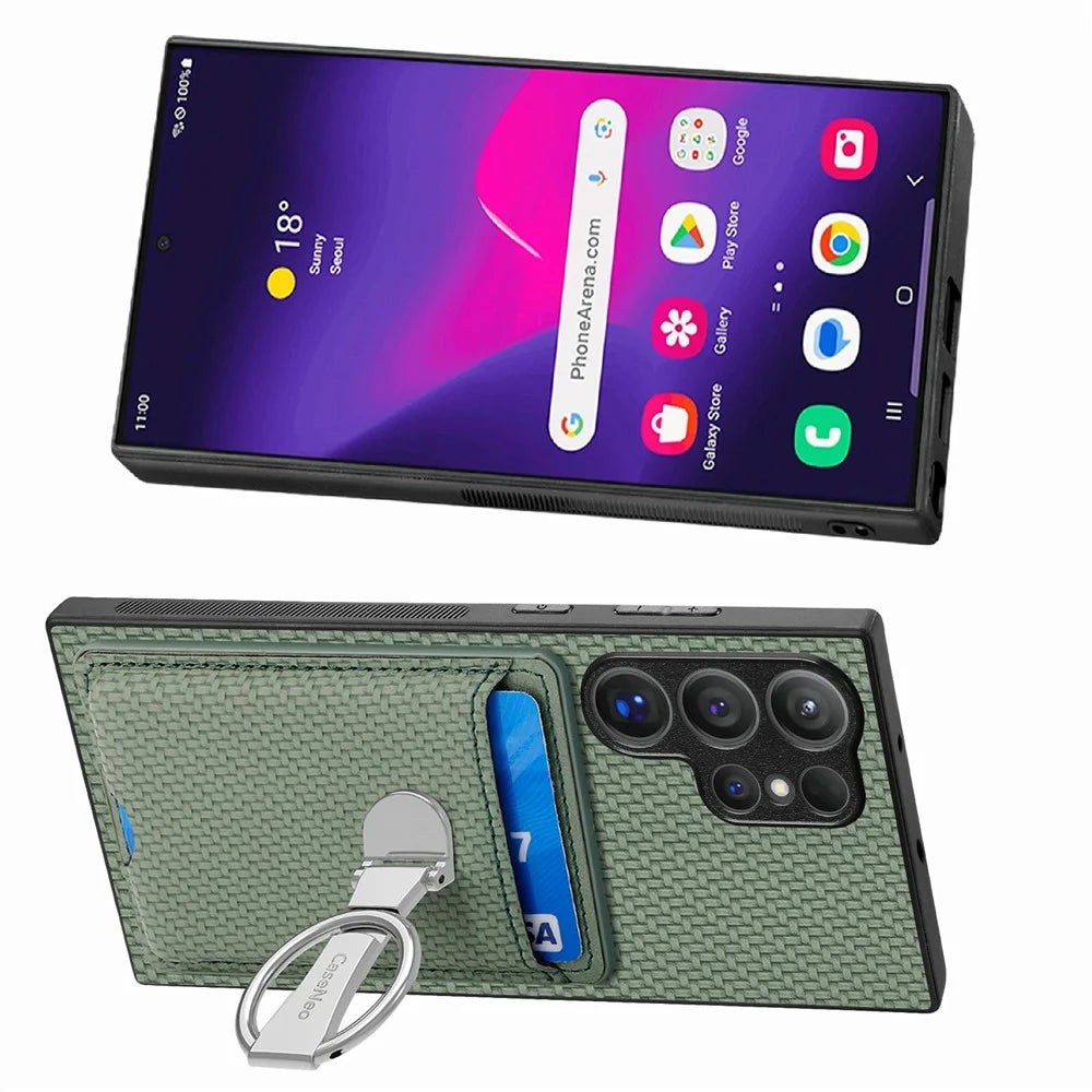 CASENEO For Samsung Galaxy S26 Ultra Phone Case Leather Back Cover with Kickstand and Card Slots Carbon Fiber Texture - Green - 4