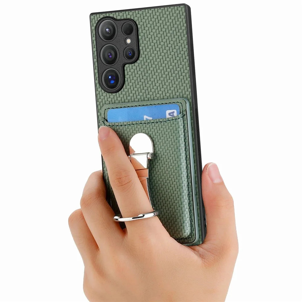 CASENEO For Samsung Galaxy S26 Ultra Phone Case Leather Back Cover with Kickstand and Card Slots Carbon Fiber Texture - Green - 5