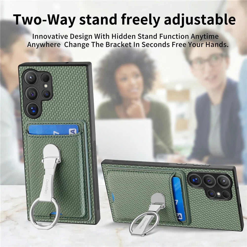 CASENEO For Samsung Galaxy S26 Ultra Phone Case Leather Back Cover with Kickstand and Card Slots Carbon Fiber Texture - Green - 6
