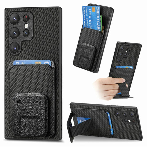 For Samsung Galaxy S26 Ultra Case Card Holder Carbon Fiber Texture Leather Coated TPU Phone Cover - Black - 1