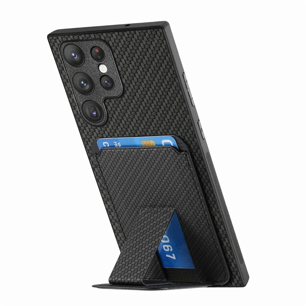 For Samsung Galaxy S26 Ultra Case Card Holder Carbon Fiber Texture Leather Coated TPU Phone Cover - Black - 3