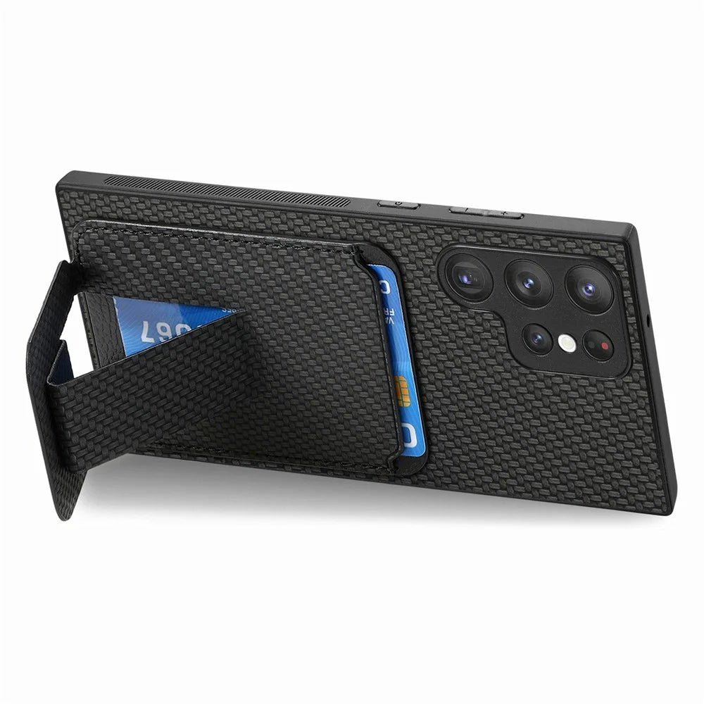 For Samsung Galaxy S26 Ultra Case Card Holder Carbon Fiber Texture Leather Coated TPU Phone Cover - Black - 4