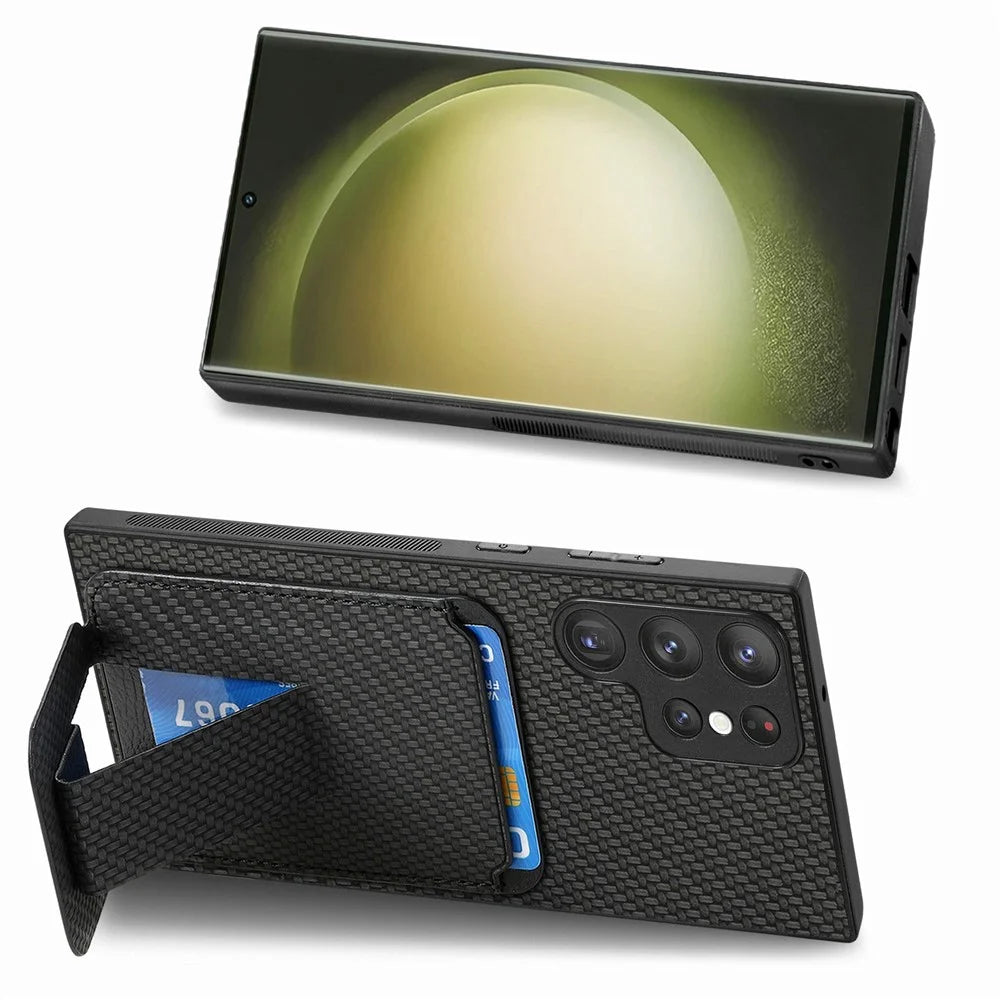For Samsung Galaxy S26 Ultra Case Card Holder Carbon Fiber Texture Leather Coated TPU Phone Cover - Black - 5