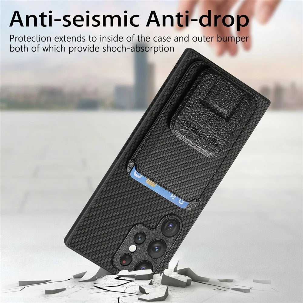 For Samsung Galaxy S26 Ultra Case Card Holder Carbon Fiber Texture Leather Coated TPU Phone Cover - Black - 6