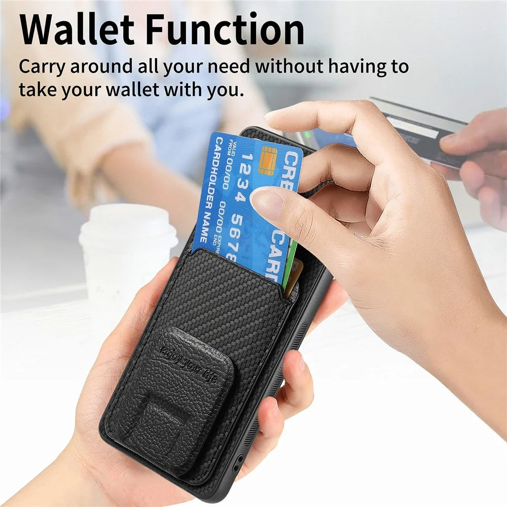 For Samsung Galaxy S26 Ultra Case Card Holder Carbon Fiber Texture Leather Coated TPU Phone Cover - Black - 7