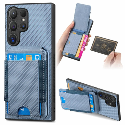 For Samsung Galaxy S26 Ultra Phone Case Fiber Texture Flip Card Holder Kickstand Leather Back Cover - Blue - 1