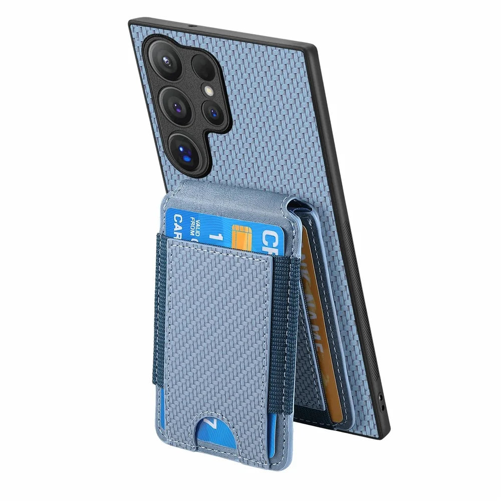For Samsung Galaxy S26 Ultra Phone Case Fiber Texture Flip Card Holder Kickstand Leather Back Cover - Blue - 3