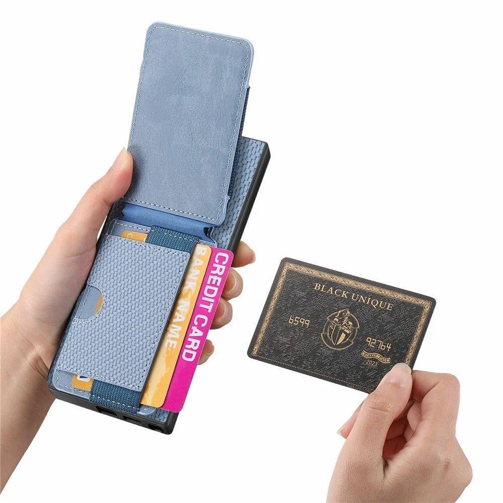 For Samsung Galaxy S26 Ultra Phone Case Fiber Texture Flip Card Holder Kickstand Leather Back Cover - Blue - 4