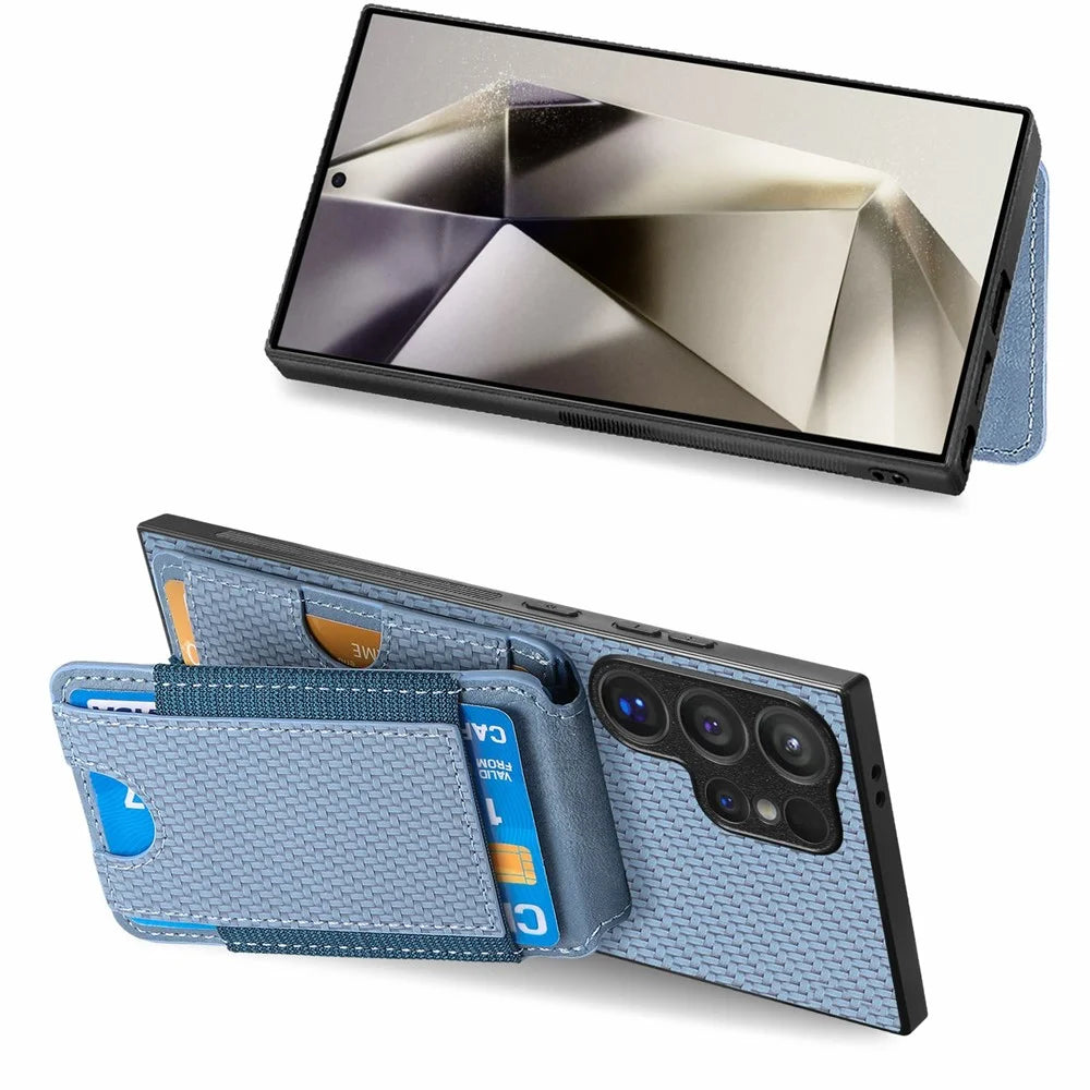 For Samsung Galaxy S26 Ultra Phone Case Fiber Texture Flip Card Holder Kickstand Leather Back Cover - Blue - 5