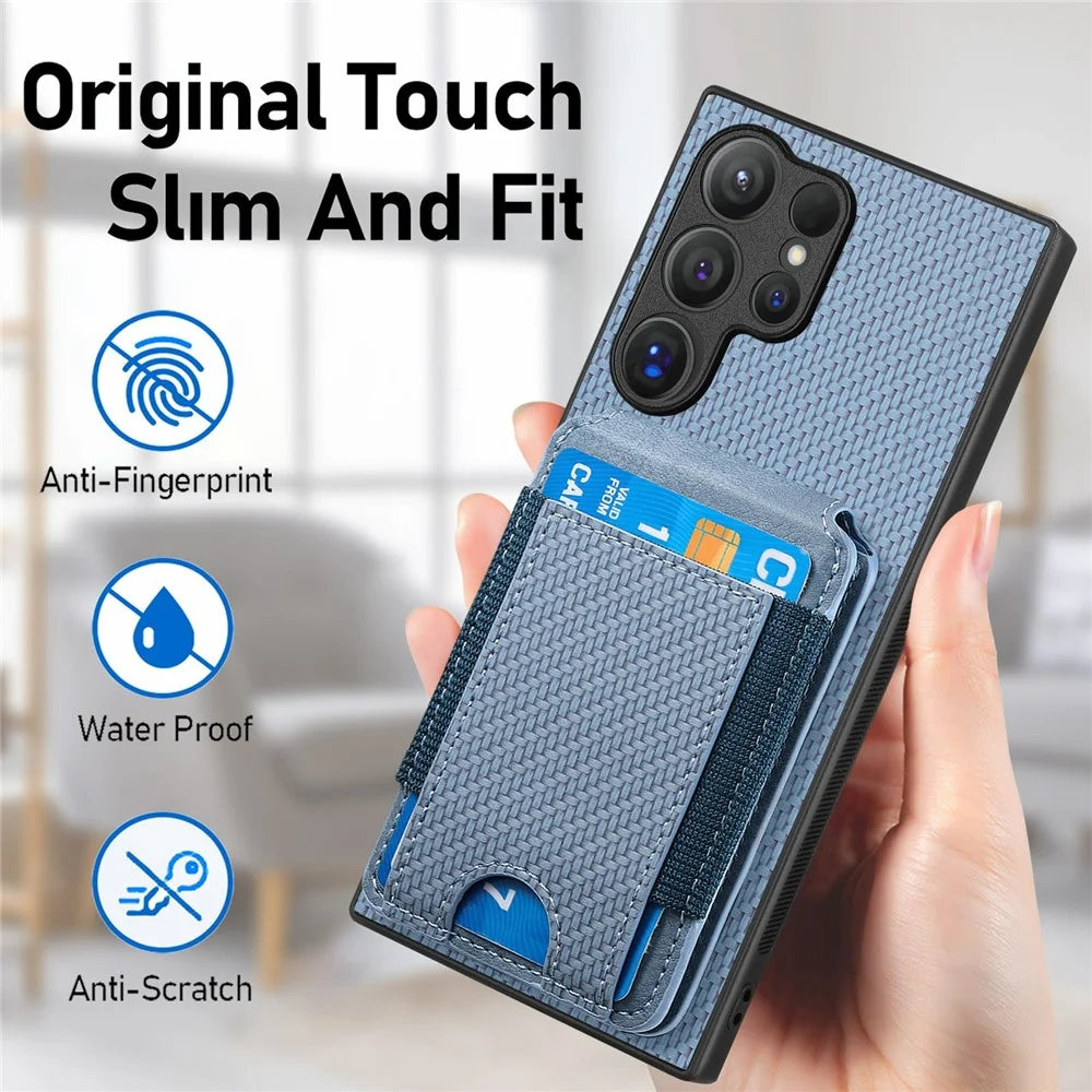 For Samsung Galaxy S26 Ultra Phone Case Fiber Texture Flip Card Holder Kickstand Leather Back Cover - Blue - 7