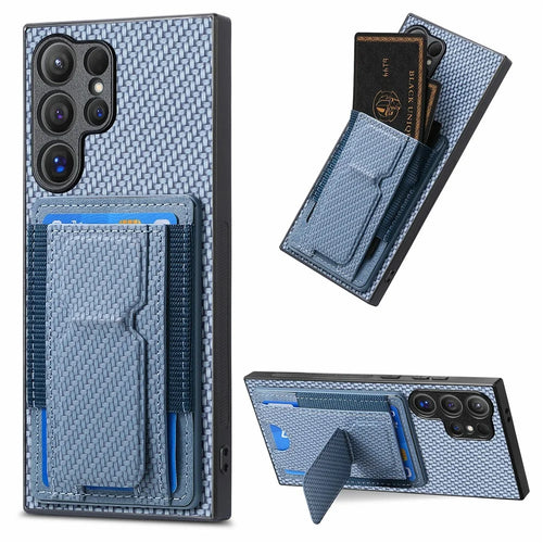 For Samsung Galaxy S26 Ultra Case with Card Holder Kickstand Fiber Pattern Leather Back Cover - Blue - 1