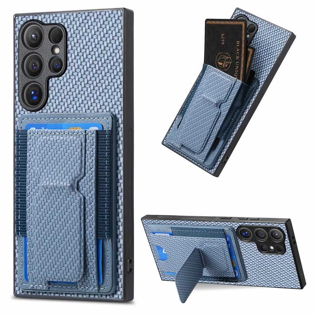 For Samsung Galaxy S26 Ultra Case with Card Holder Kickstand Fiber Pattern Leather Back Cover - Blue - 1