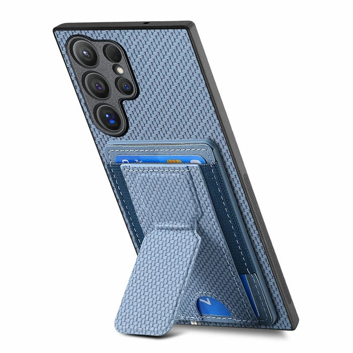For Samsung Galaxy S26 Ultra Case with Card Holder Kickstand Fiber Pattern Leather Back Cover - Blue - 3