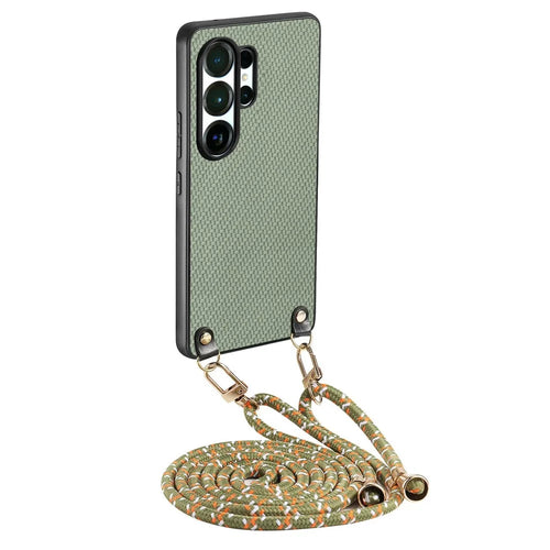 For Samsung Galaxy S26 Ultra Case Carbon Fiber Texture Hybrid Phone Back Cover with Adjustable Strap - Green - 1