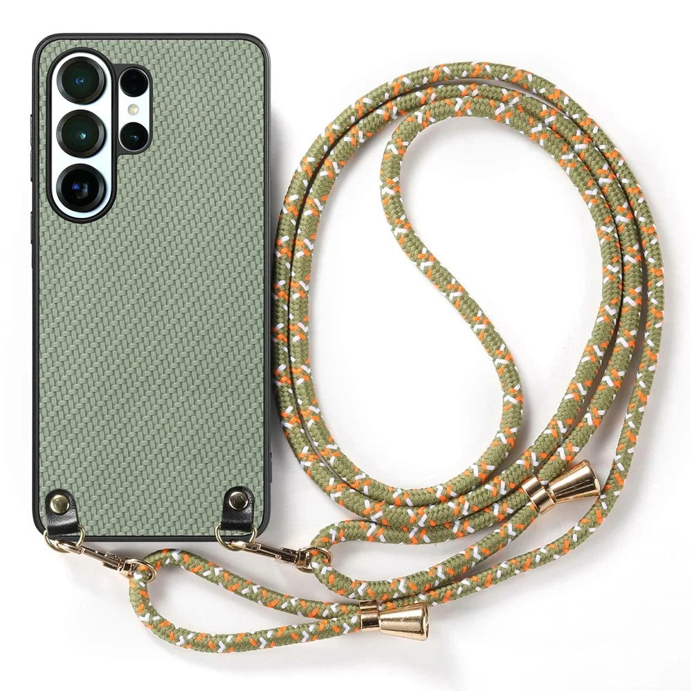 For Samsung Galaxy S26 Ultra Case Carbon Fiber Texture Hybrid Phone Back Cover with Adjustable Strap - Green - 2