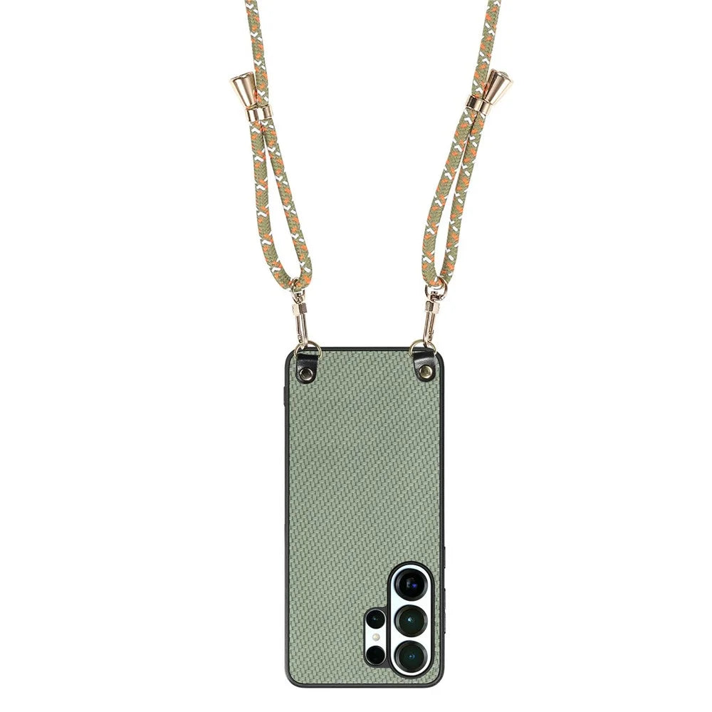 For Samsung Galaxy S26 Ultra Case Carbon Fiber Texture Hybrid Phone Back Cover with Adjustable Strap - Green - 3