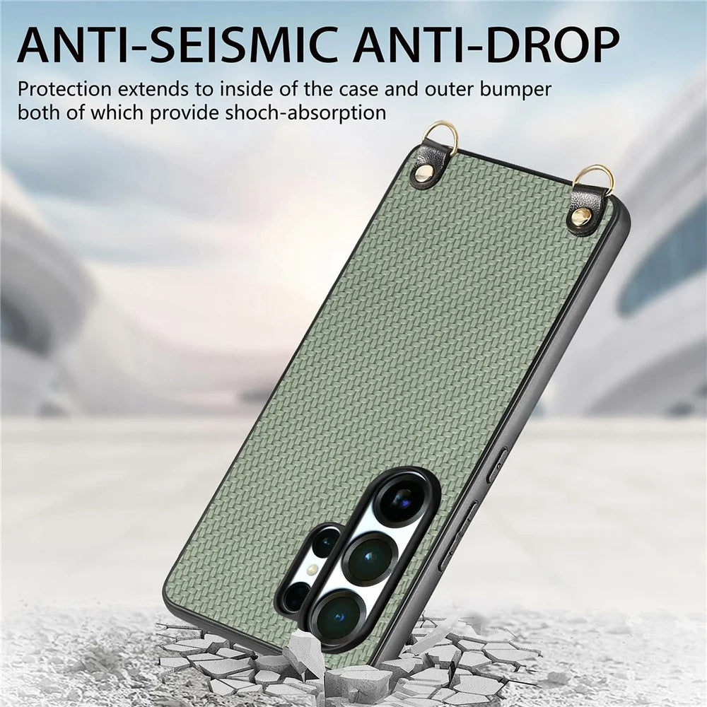 For Samsung Galaxy S26 Ultra Case Carbon Fiber Texture Hybrid Phone Back Cover with Adjustable Strap - Green - 4