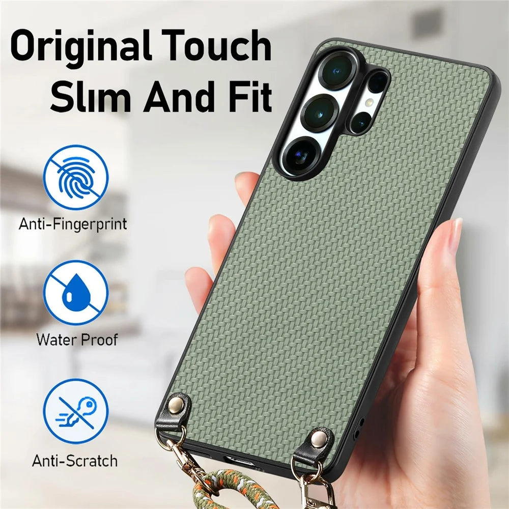 For Samsung Galaxy S26 Ultra Case Carbon Fiber Texture Hybrid Phone Back Cover with Adjustable Strap - Green - 5