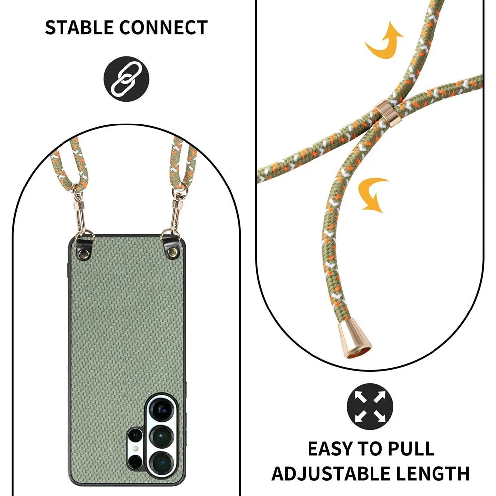 For Samsung Galaxy S26 Ultra Case Carbon Fiber Texture Hybrid Phone Back Cover with Adjustable Strap - Green - 6