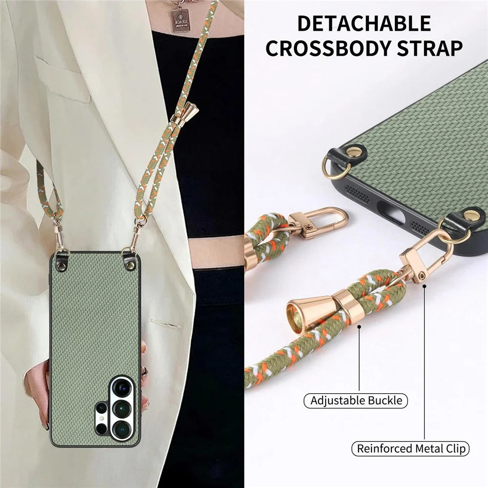 For Samsung Galaxy S26 Ultra Case Carbon Fiber Texture Hybrid Phone Back Cover with Adjustable Strap - Green - 7