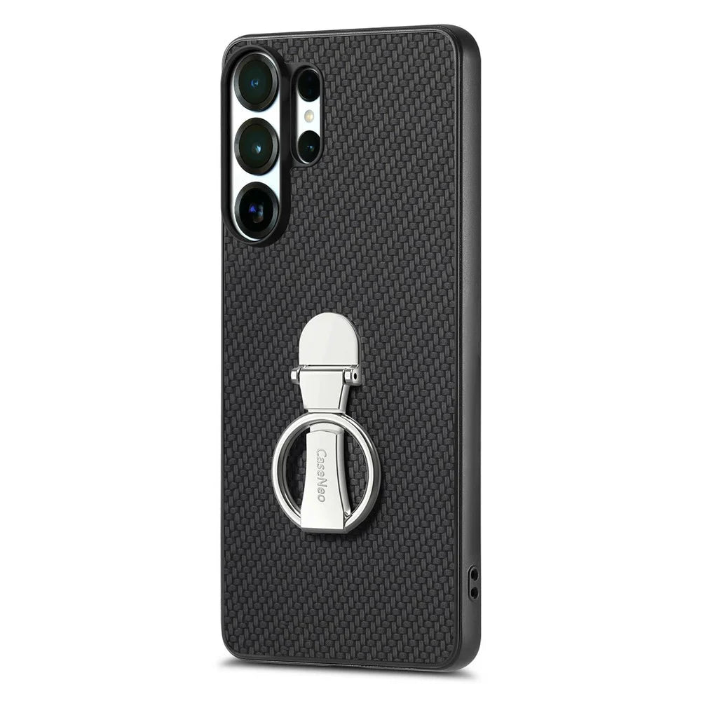 CASENEO C1-19 for Samsung Galaxy S26 Ultra Case Folding Kickstand Leather Back Cover Carbon Fiber Texture - Black - 1