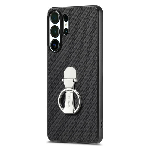 CASENEO C1-19 for Samsung Galaxy S26 Ultra Case Folding Kickstand Leather Back Cover Carbon Fiber Texture - Black - 1