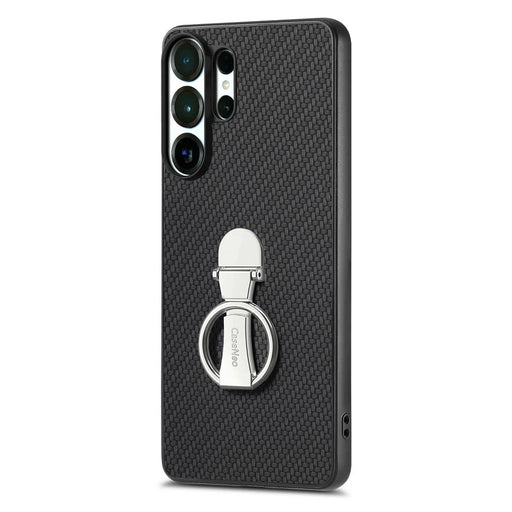 CASENEO C1-19 for Samsung Galaxy S26 Ultra Case Folding Kickstand Leather Back Cover Carbon Fiber Texture - Black - 1