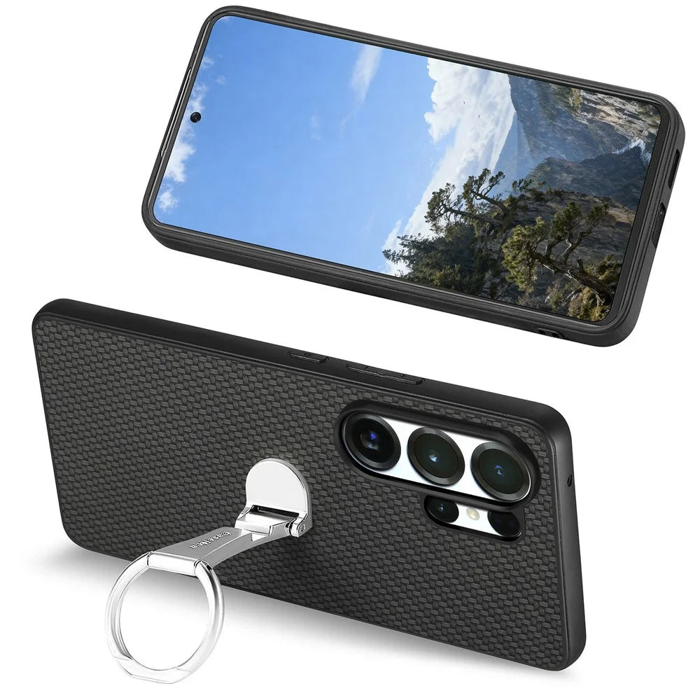 CASENEO C1-19 for Samsung Galaxy S26 Ultra Case Folding Kickstand Leather Back Cover Carbon Fiber Texture - Black - 3