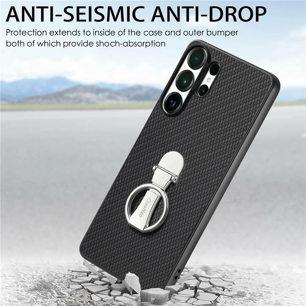 CASENEO C1-19 for Samsung Galaxy S26 Ultra Case Folding Kickstand Leather Back Cover Carbon Fiber Texture - Black - 4