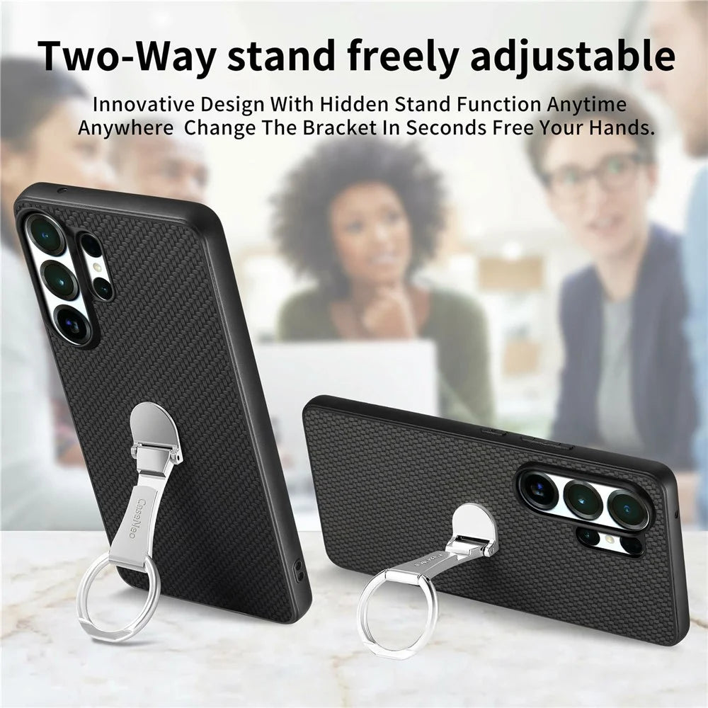 CASENEO C1-19 for Samsung Galaxy S26 Ultra Case Folding Kickstand Leather Back Cover Carbon Fiber Texture - Black - 5