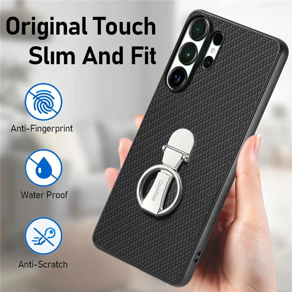CASENEO C1-19 for Samsung Galaxy S26 Ultra Case Folding Kickstand Leather Back Cover Carbon Fiber Texture - Black - 6